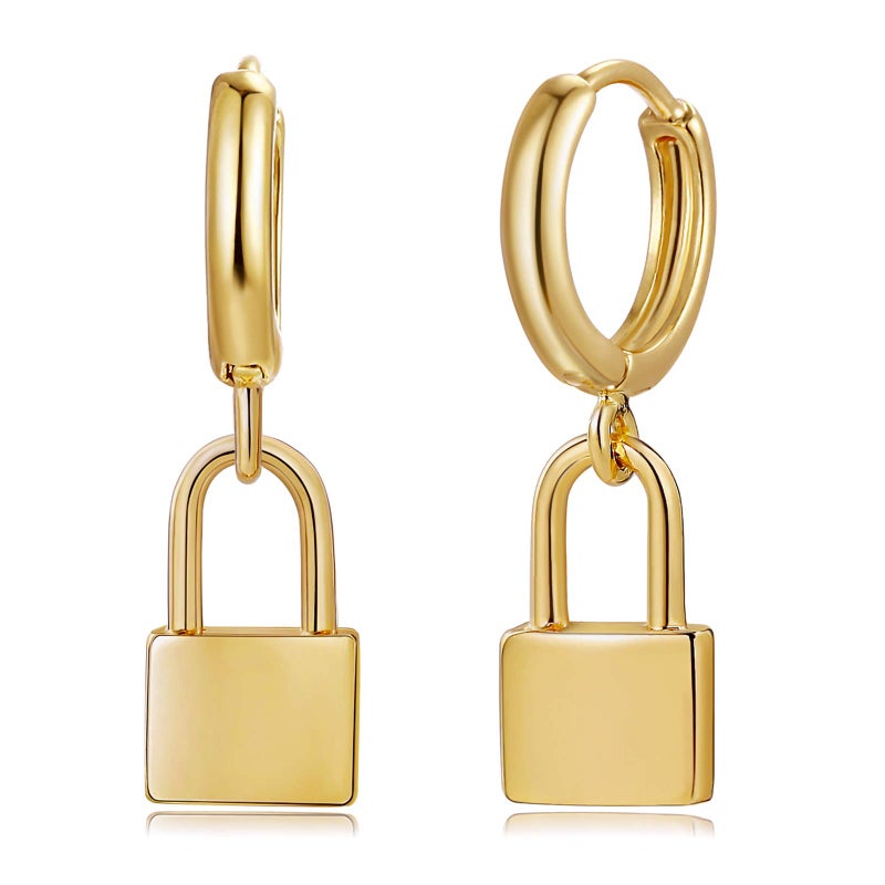 FETTERO Gold Plated Hoop Dangle Earrings Lightweight Drop Huggie Hoop Earrings for Women Hypoallergenic Earrings Dainty Wear -Lock Hoops - Image 1